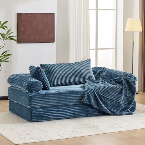 VINGLI Convertible Futon Sofa Bed, Upholstered Corduroy Boneless Couch King Size Floor Loveseat Sleeper Sofa with 2-in-1 Throw Pillow & Blanket Couches for Living Room, Bedroom, Lounge, Navy Blue - color: Navy Blue