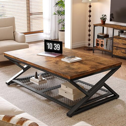 EnHomee Coffee Table, Storage & Shelf, X-Frame Stability, Rustic Brown | Families, Wood & Metal, Holds Magazines & Drinks, Industrial Design, Living Room, 47.2“ - color: Rustic Brown, size: 47.2 Inch