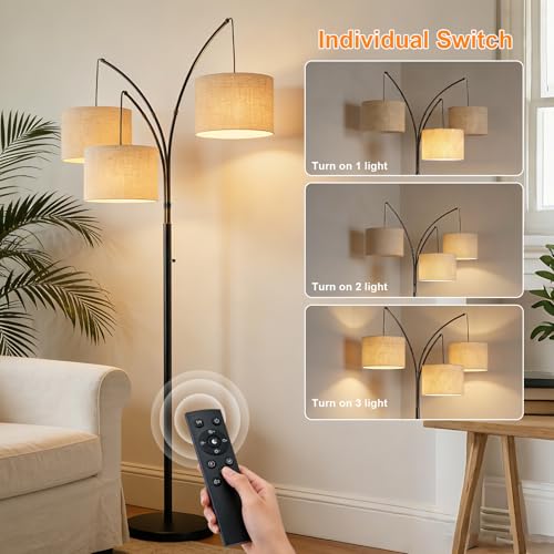 80 Inch Arc Floor Lamp with Remote Control, 3-Light Dimmable Standing Lamp | 2400LM Super Bright Tree Lamp for Living Room, Modern Tall Floor Lamp with Adjustable Arms&Weighted Base,3 LED Bulbs Included - color: Beige