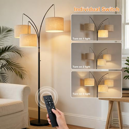 80 Inch Arc Floor Lamp with Remote Control, 3-Light Dimmable Standing Lamp | 2400LM Super Bright Tree Lamp for Living Room, Modern Tall Floor Lamp with Adjustable Arms&Weighted Base,3 LED Bulbs Included - color: Beige