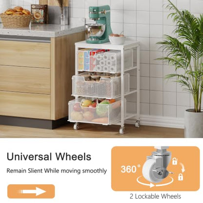 Kitchen Cart with Storage, 3-Tier Pantry Organizer and Storage Cart with Drawer, Fruit Vegetable Storage Cart with Wheels, Wooden Top Metal Wire Kitchen Organizer Rack Stand for Snack Onion Potato - size: 3-Tier White