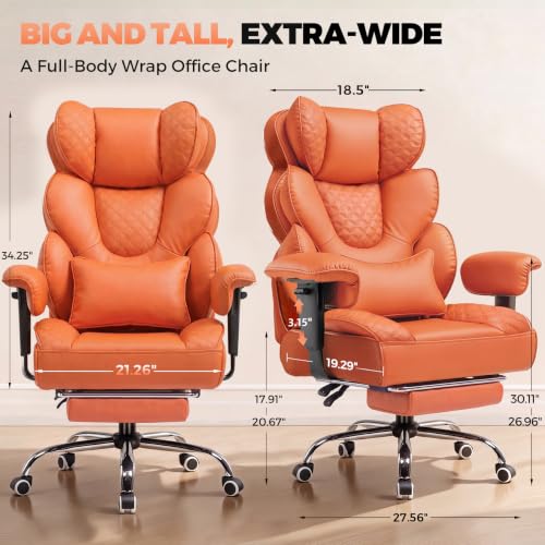 COMHOMA Big and Tall Office Chair with Upgrade Footrest, Heavy Duty Gaming Chair High Back Executive Chair with Spring Lumbar Support for Lower Back Pain Relief, 150°Reclining Adjustable Armrests - color: Orange