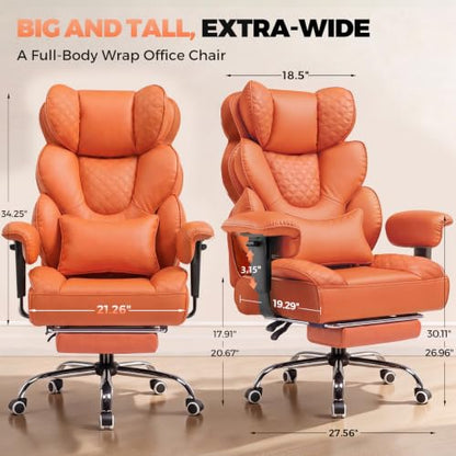 COMHOMA Big and Tall Office Chair with Upgrade Footrest, Heavy Duty Gaming Chair High Back Executive Chair with Spring Lumbar Support for Lower Back Pain Relief, 150°Reclining Adjustable Armrests - color: Orange