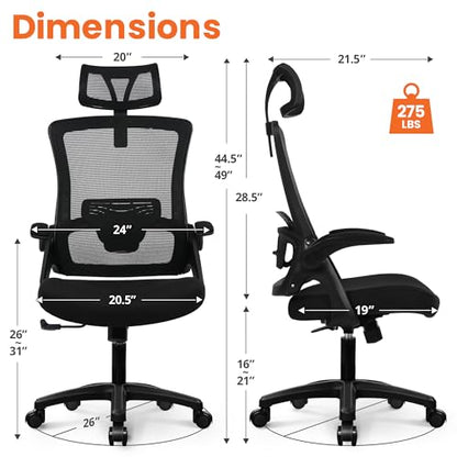 NEO CHAIR Office Desk Chair with Ergonomic High Back Mesh Headrest, Black | Adjustable Headrest and Lumbar Support with Flip-Up Armrests Designed for Extended Sitting Comfort While Saving Space - color: Black