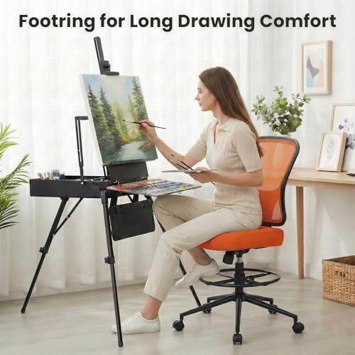 Armless Drafting Chair Tall Office Chair for Standing Desk - Adjustable Height Mesh Ergonomic Drafting Stool with Foot Ring & Wheels, Rolling Counter Height Computer Chair for Home Office - color: Orange