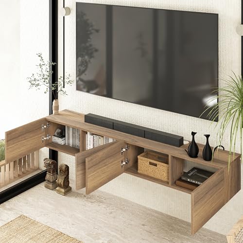 Atelier Mobili Floating TV Stand Wall Mounted for 75-85 Inch TVs - Modern Entertainment Center with Storage - 2-Piece Modular Design Easy Assembly - Walnut Wood Media Console Cabinet for Living Room - size: 4 Doors