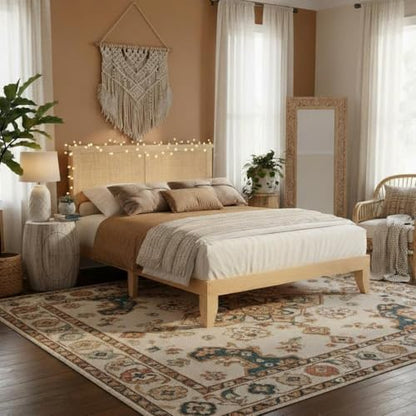 Garvee Bohemian Full Rattan Bed LED Natural Headboard Bedroom | Bohemian full rattan bed with natural headboard, LED lights, solid wood frame. No box spring needed for bedroom use. - size: Full(0 Drawers)