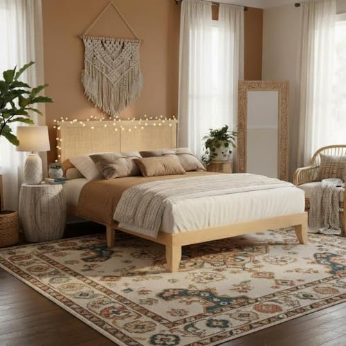 Garvee Bohemian King Rattan Bed LED Natural Headboard Bedroom | Bohemian king rattan bed with natural headboard, LED lights, solid wood frame. No box spring needed for bedroom use. - size: King(0 Drawers)