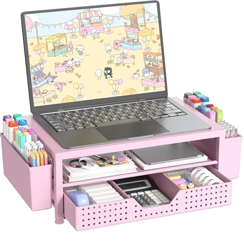 Laptop Stand for Desk Organizer and Accessories, 2-Tier Computer Monitor Stand Riser with Drawer and 2 Pen Holders, Ventilated Perforated Steel Top, Office Desk Accessories for Home Office Supplies, Pink
