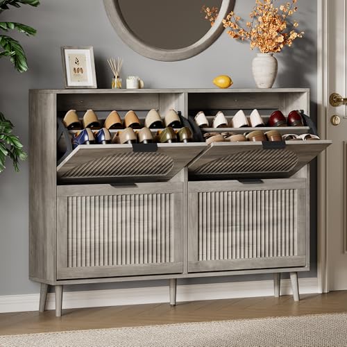 Xixini Shoe Storage Cabinet with 4 Flip Drawers, 36" Tall Narrow Wood Fluted Shoe Organizer for Entryway, Freestanding Wooden Hidden Slim Shoe Rack for Front Door Entrance, Hallway, Foyer, Light Grey - color: Light Grey, size: 4 Flip Drawers