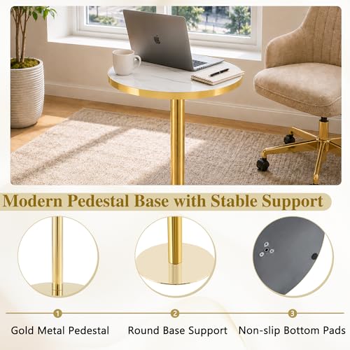 TesNus 23.6" Tulip Dining Table for 2, Small Round Tulip Table, Faux Marble Top with Gold Metal Pedestal Base, Modern Leisure Dining Table for Small Spaces, Cafe, Office, White&Gold - color: White Top&gold Base