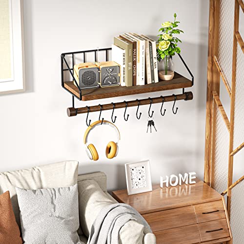Alsonerbay Floating Shelf Coffee Bar Shelf with Towel Bar, Dark Brown | 8 removable hooks, solid wood, space-saving, holds cooking utensils & mugs, easy installation, kitchen & bathroom use - color: Dark Brown