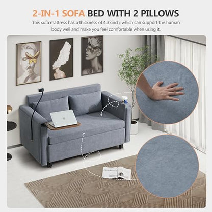 Pull Out Sofa Bed, 2-in-1 Multi-Functional Sleeper Couch Small Loveseat Bed with Hidden Side Table, Phone Holder and Cup Holder for Living Room, Small Space, Apartment (Grey) - color: 2-in-1 Grey 2 Seater