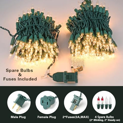 ODEETRONIC Steady & Blink Clear Christmas Lights, 21.63ft 100 Count Incandescent Christmas Lights, 2 Modes UL Certified Warm Clear Light, Connectable Mini Tree Light for Room Wedding Party, Green Wire | Waterproof; UL certified connectable plug in; Xmas t