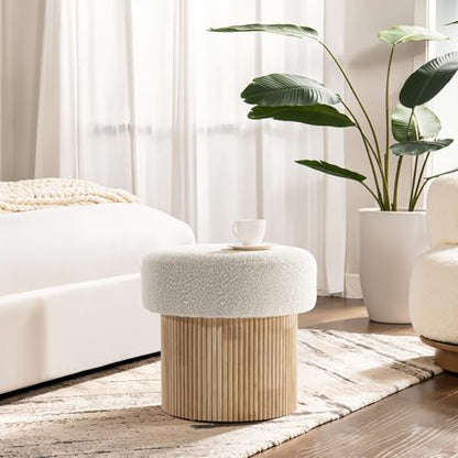 LuxenHome 15.5" Small Storage Ottoman with Padded Seat and Fluted Wood Base | Upholstered Footstool, Hidden Storage, Ivory Padded Seat, Fluted Wood Base, Vanity Stool, Small Footrest Stool