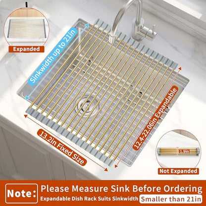Golden Expandable Roll-UP Dish Drying Rack-Large 304 Stainless Steel Dish Drainer Over The Sink for Kitchen Countertop,Extendable & Rollable & Food Grade (Gold,22.08'x 13.2') - color: Gold, size: Large Expandable