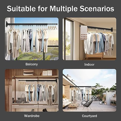 Wall Mounted Foldable Clothes Drying Rack, Heavy Duty 3-Fold Laundry Airer with Ring Hook Design, Space Saving Aluminum Rack for Balcony Bathroom Laundry Room,Black Rings - style: Black-Rings