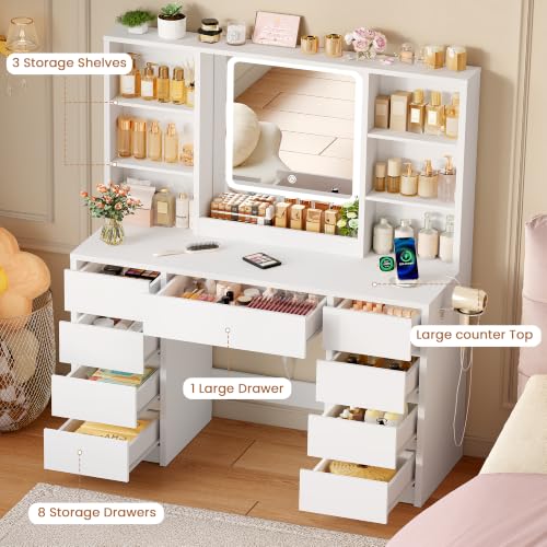 Large White Makeup Vanity Desk with Charging Station & 9 Drawers | Smart LED Mirror,7 Open Storage Shelves,Hairdryer Rack,Girls Vanity for Bedroom