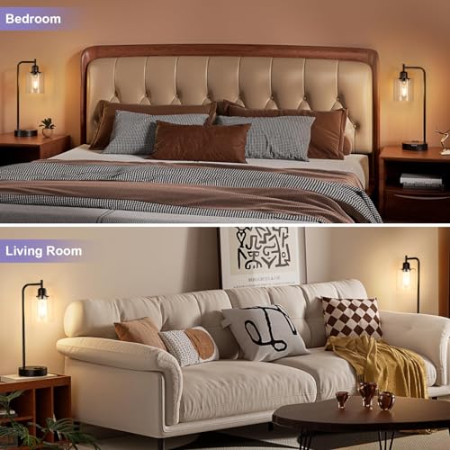 Industrial Touch Lamps for Nightstand Set of 2, 3-Way Dimmable Bedside Lamp | Glass Shade, USB C+A Charging Port & Outlet, Black Desk Lamps for Bedroom, Living Room, Home Office, Reading - color: A-Clear