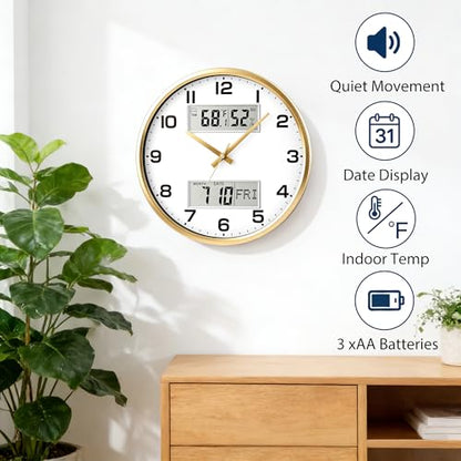 13" Gold Battery Powered Silent Wall Clock | Calendar, Temperature, Humidity, J-3728 - color: Gold