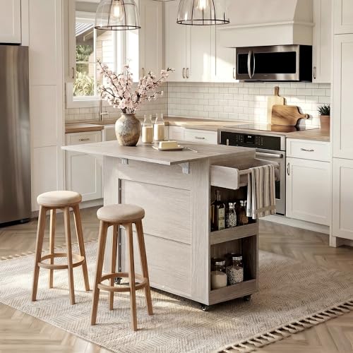 51'' Mobile Kitchen Island with Drop Leaf, Rolling Kitchen Cart with Drawrs & Storage Cabinet on Wheels, Portable Island Table with Spice Rack & Towel Rack for Dining Room, White Oak Gray
