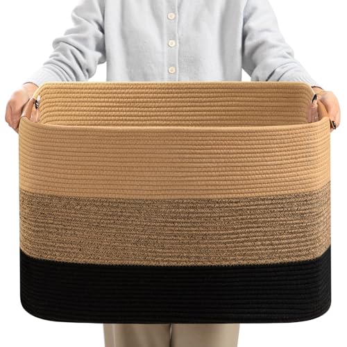 Large Blanket Basket for Living Room,72 L Rectangle Toy Storage Basket for Nursery Room, Woven Rope Storage Box with Leather Handle, 22’’*17’’*11.8’’, Gradient Linen - color: Gradient linen, size: 72L