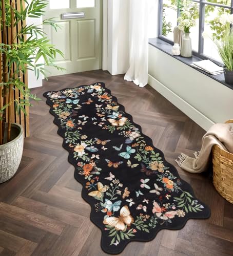 Washable Butterfly Scalloped Runner Rug, 2x6 Black Rug Runners for Hallways Soft Non-Slip Ultra Thin Long Kitchen Mat, Boho Floral Throw Carpet for Bathroom Laundry Entryway - color: Black Butterfly, size: 2' x 6'