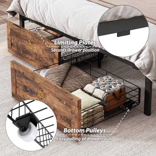 TIGUBFRE Full Bed Frame with 4 Drawers Bookshelf Headboard, Farmhouse Bed Frame with Charging Station & LED Lights, Metal Slats Support, Noise Free, No Box Spring Needed Rustic Brown - color: Rustic Brown, size: Full