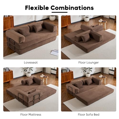 ZEIINPA Convertible Folding Couch Bed, Comfy Corduroy Sleeper Floor Sofa Bed with Fixed-Shape Frame, Floor Sofa with Armrest, Lounge Couch for Living Room Bedroom Lounge Studio, Dark Brown