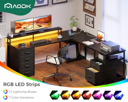 AODK 66" L Shaped Computer Desk, 113“ Reversible Home Office Desk with File Cabinet & 4 Fabric Drawers, Two Person Desk with LED Lights & Power Outlet, Corner Gaming Desk with Monitor Shelf, Black | Desk with File Cabinet & 4 Fabric Drawers, Monitor Shelf