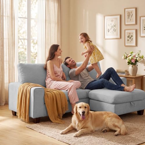 DOPEDIO 71.25" L-Shaped Sectional Sofa with Storage Ottoman, Light Gray | L-shaped sectional sofa with storage ottoman, chenille fabric, washable covers, pocket spring cushions, easy assembly - size: 71.25 inch-L, style: Light Grey Chenille