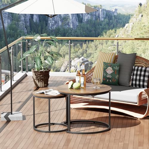 aboxoo Coffee Table Nesting Round Table Set of 2 Side Table with Sturdy Metal Frame for Living Room Bedroom Apartment Modern Industrial Simple Nightstand,Rustic Brown - color: Rustic Brown