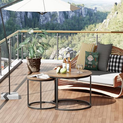 aboxoo Coffee Table Nesting Round Table Set of 2 Side Table with Sturdy Metal Frame for Living Room Bedroom Apartment Modern Industrial Simple Nightstand,Rustic Brown - color: Rustic Brown