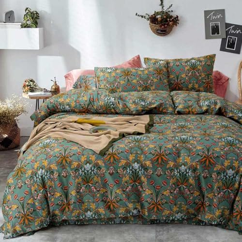 Faincy Bohemian Duvet Cover Queen Size - Boho Paisley Green Floral Pattern Printed Microfiber Comforter Cover Set - 3PC 90 X 90 Soft and Lightweight Quilt Cover, Retro Farmhouse Style for Women Men - color: Bark Green Bohemian, size: Queen