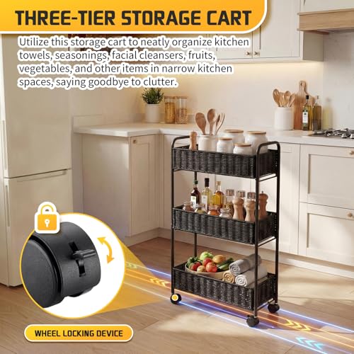 Utility Slim Storage Cart,3-Tier Rolling Kitchen Office Laundry Room Cart,Mobile Shelving Unit Organizer for Living Room Bathroom Baby Diaper Narrow Places (Black, 3 Tiers-7.1 inch (W)) - color: Black