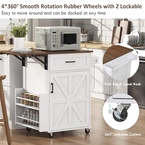 39.3"Farmhouse Kitchen Island with Open Side Rack and Drop Leaf and,Small Kitchen Rolling Cart with Drawer and Storage Cabinet, Narrow Mobile Dining Table with Lockable Wheels and Towel Rack White - color: White