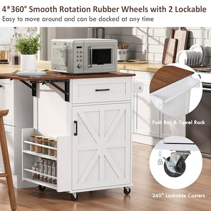 39.3"Farmhouse Kitchen Island with Open Side Rack and Drop Leaf and,Small Kitchen Rolling Cart with Drawer and Storage Cabinet, Narrow Mobile Dining Table with Lockable Wheels and Towel Rack White - color: White