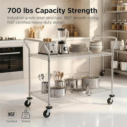 Finnhomy 2-Tier Commercial Grade Rolling Cart, Heavy Duty Utility Cart, Carts with Wheels and Handles, Kitchen Cart on Wheels, Metal Serving Cart with 700 lbs Capacity, Shelf Size 24" D x 48" W, NSF - size: 23.6"D x 55.1"W x 39.3"H