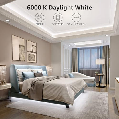 Lepro LED Strip Light, 32.8Ft Dimmable Vanity Lights, 6000K Super Bright LED Tape Lights, 600 LEDs SMD 2835, Strong 3M Adhesive, Suitable for Home, Kitchen, Under Cabinet, Bedroom, Daylight White - size: 32.8 ft
