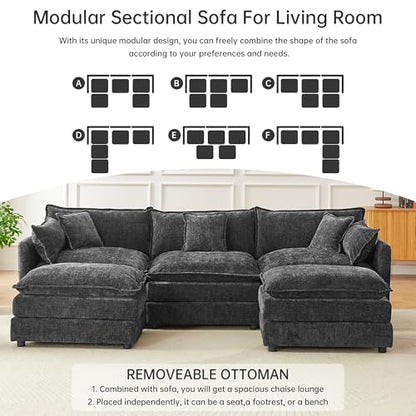 Modular Sectional Sofa, 112.2 Inch U Shaped Couch Set with Armrests, 3-Seater Comfy Cloud Couches with Movable Ottoman for Living Room Apartment, Grey - color: Grey, size: 112'' - U Shape
