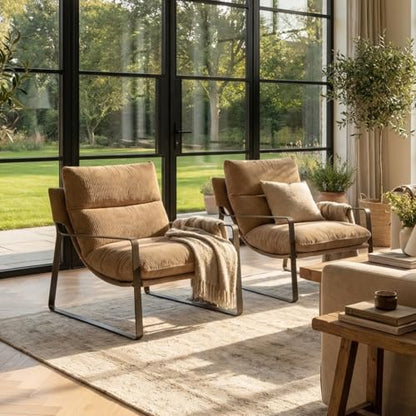 Set of 2 Modern Accent Chair, Linen Living Room Chair, Khaki | Comfy Armchairs, Upholstered Lounge Armchair, Removable Seat Cushion, Bronze Metal Frame, For Reading Room, Bedroom, Balcony - color: Khaki-bronze Legs, size: 2PCS