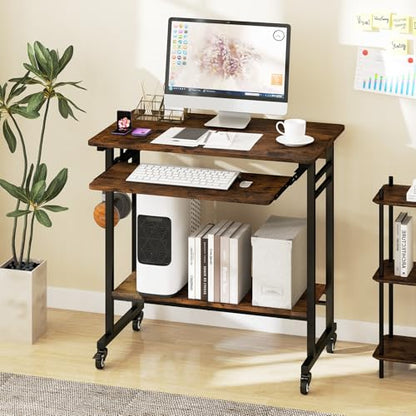 Tangkula Rolling Computer Desk Cart with Keyboard Tray, Mobile Portable Laptop PC Desk with CPU Stand & 3 Hooks for Sofa & Bed, Industrial Small Desk on Wheels for Small Spaces, Home Office Desk - color: Rustic Brown