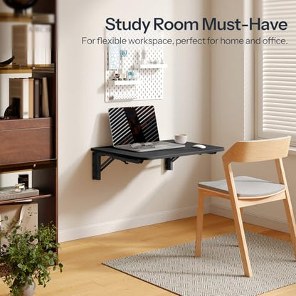 HOOBRO Folding Table, Wall Mounted Floating Desk with Iron Bracket, Drop Leaf Table for Small Spaces, Kitchen, Laundry Room, Home, Office, Black BK054BZ01 - color: Black