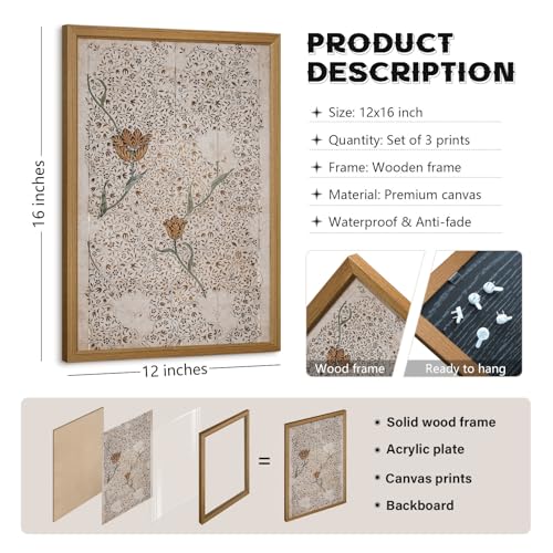Vintage William Morris Wall Art Framed Decor Boho Floral Botanical Canvas Pictures Abstract Neutral Flower Prints Vintage Farmhouse Artwork Painting for Living Room Bedroom 12x16 Inch Set of 3 - color: Antique Floral Prints, size: 12"x16" Wood Framed