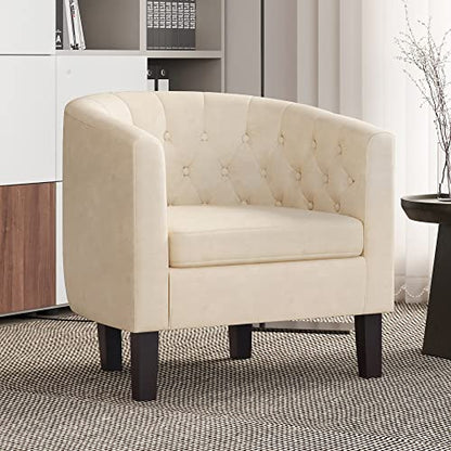 BELLEZE Accent Barrel Arm Chair, Modern Comfy Upholstered Tufted Club Chair with Sturdy Legs and Linen Fabric for Bedroom Living Room - White - color: White, size: 1 x Linen Chair