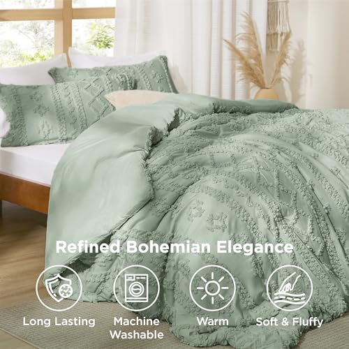 Bedsure Tufted Boho Comforter Set Twin Size - Sage Green Boho Bed Set, GentleSoft™ 2 Pieces Farmhouse-Style Embroidery Bedding, Gifts for Woman, Soft Jacquard Kids' Twin Comforter for All Seasons - color: 13 - Sage Green - Elegant, size: Twin/Twin XL