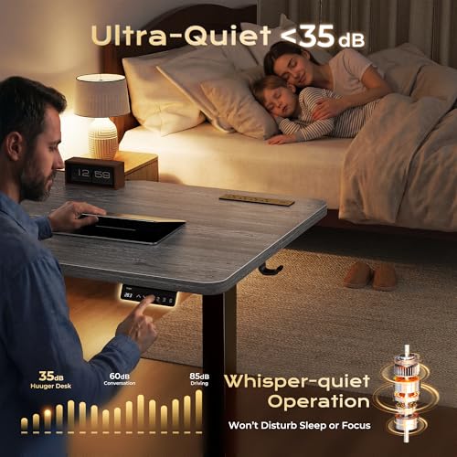 Huuger 전원 콘센트 및 USB-C 포트가 있는 전기 스탠딩 데스크, 139.9 x 61cm(55 x 24인치) 높이 조절 가능한 책상, 홈 오피스, 컴퓨터 및 게이밍 책상용 앉은 스탠드 데스크, 4개의 프리셋, 안정적인 스틸 프레임, 그레이 - color: 회색., size: 55.1 x 23.6 inch