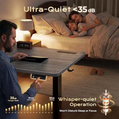 Huuger 전원 콘센트 및 USB-C 포트가 있는 전기 스탠딩 데스크, 139.9 x 61cm(55 x 24인치) 높이 조절 가능한 책상, 홈 오피스, 컴퓨터 및 게이밍 책상용 앉은 스탠드 데스크, 4개의 프리셋, 안정적인 스틸 프레임, 그레이 - color: 회색., size: 55.1 x 23.6 inch
