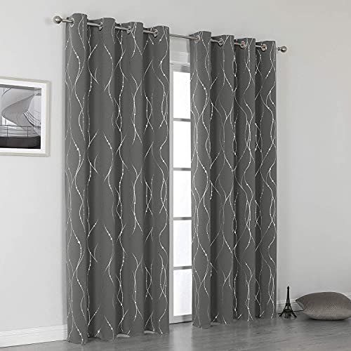 SMILE WEAVER Grey Blackout Curtains for Living Room 108 Inch Long 2 Panels,Room Darkening Curtain-Star Print Design Noise Reducing Thermal Insulated Light Blocking Bedroom Window Drapes - color: Grey Silver, size: 52"W x 108"L (Pack of 2)