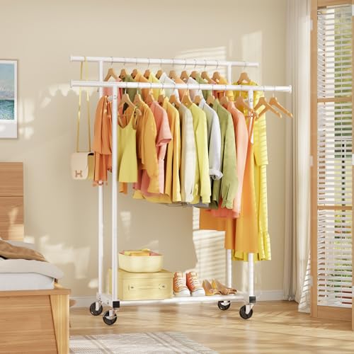 HYSEYY Double Rods Clothes Rack, Rolling Clothing Rack for Hanging Clothes Portable Wardrobe Rack, Metal Garment Rack Sturdy Coat Rack for Bedroom Laundry Living Room, White - color: White